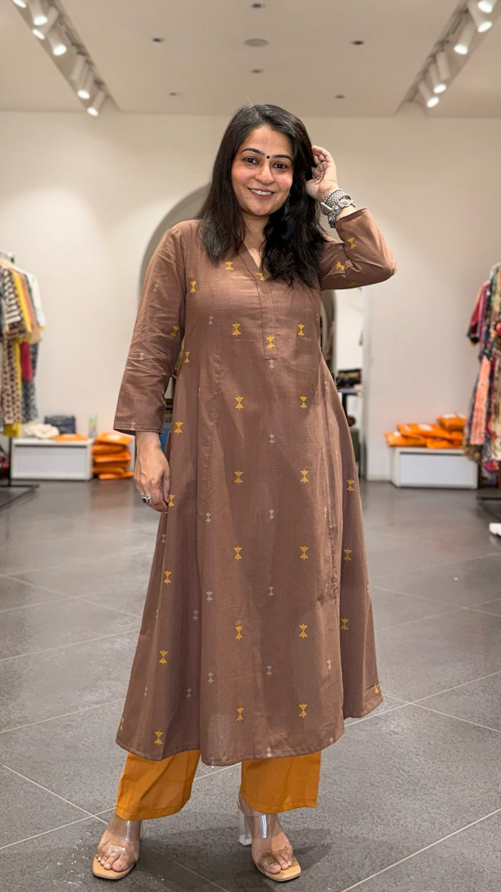 Amirah Hand Woven Kali Kurta In Cotton - Brown