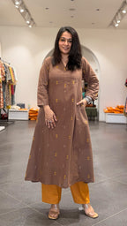 Amirah Hand Woven Kali Kurta In Cotton - Brown