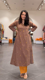 Amirah Hand Woven Kali Kurta In Cotton - Brown