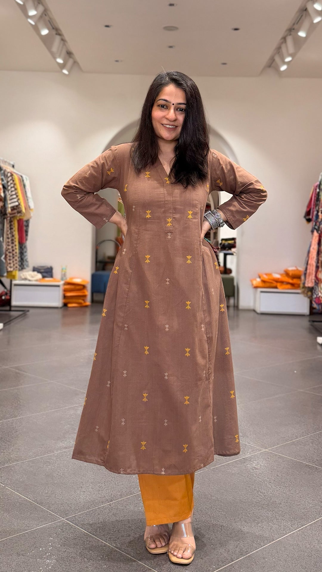 Amirah Hand Woven Kali Kurta In Cotton - Brown