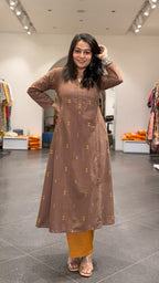 Amirah Hand Woven Kali Kurta In Cotton - Brown
