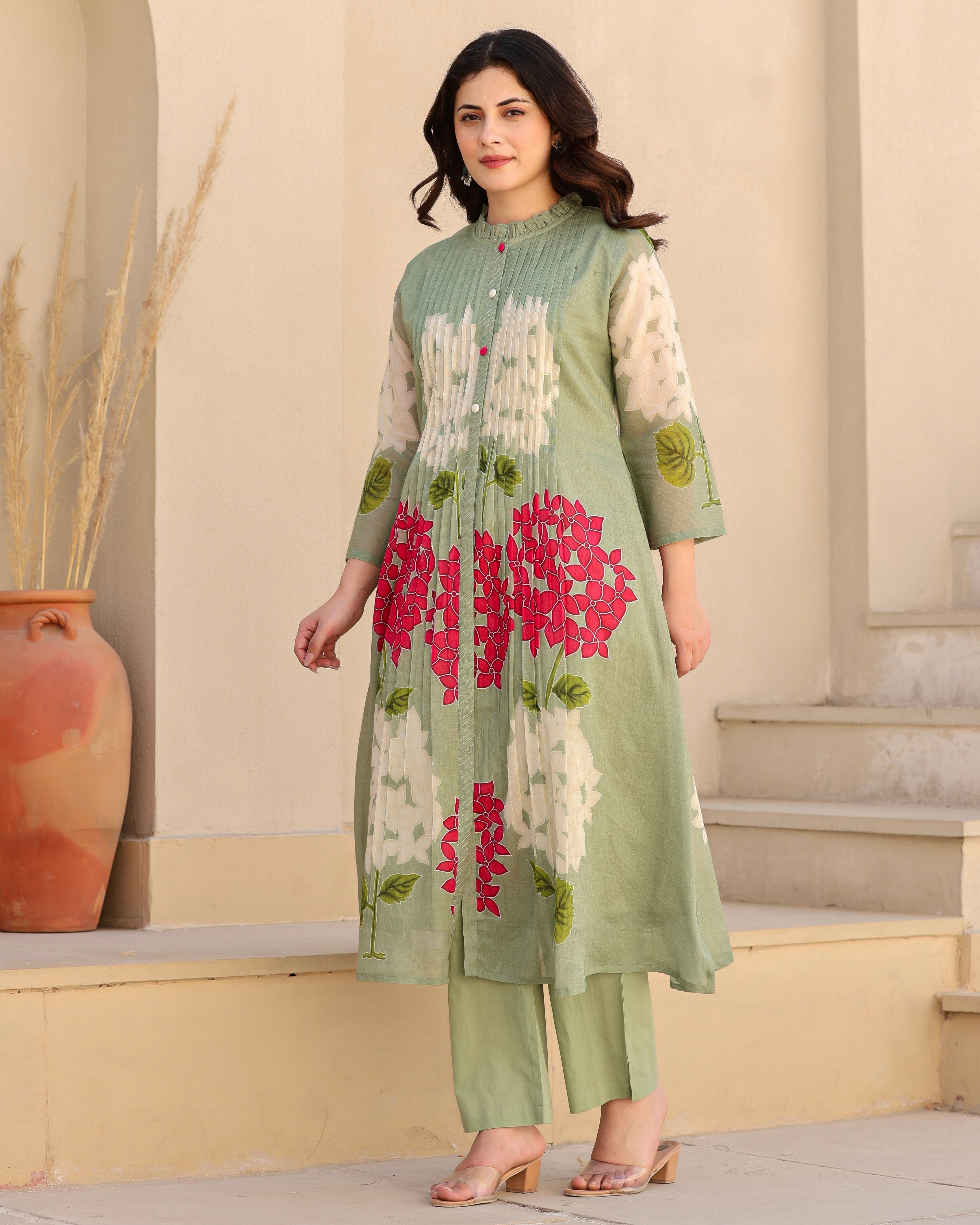 Olive Green Bloom Pintex Mul Cotton A Line Kurta Set