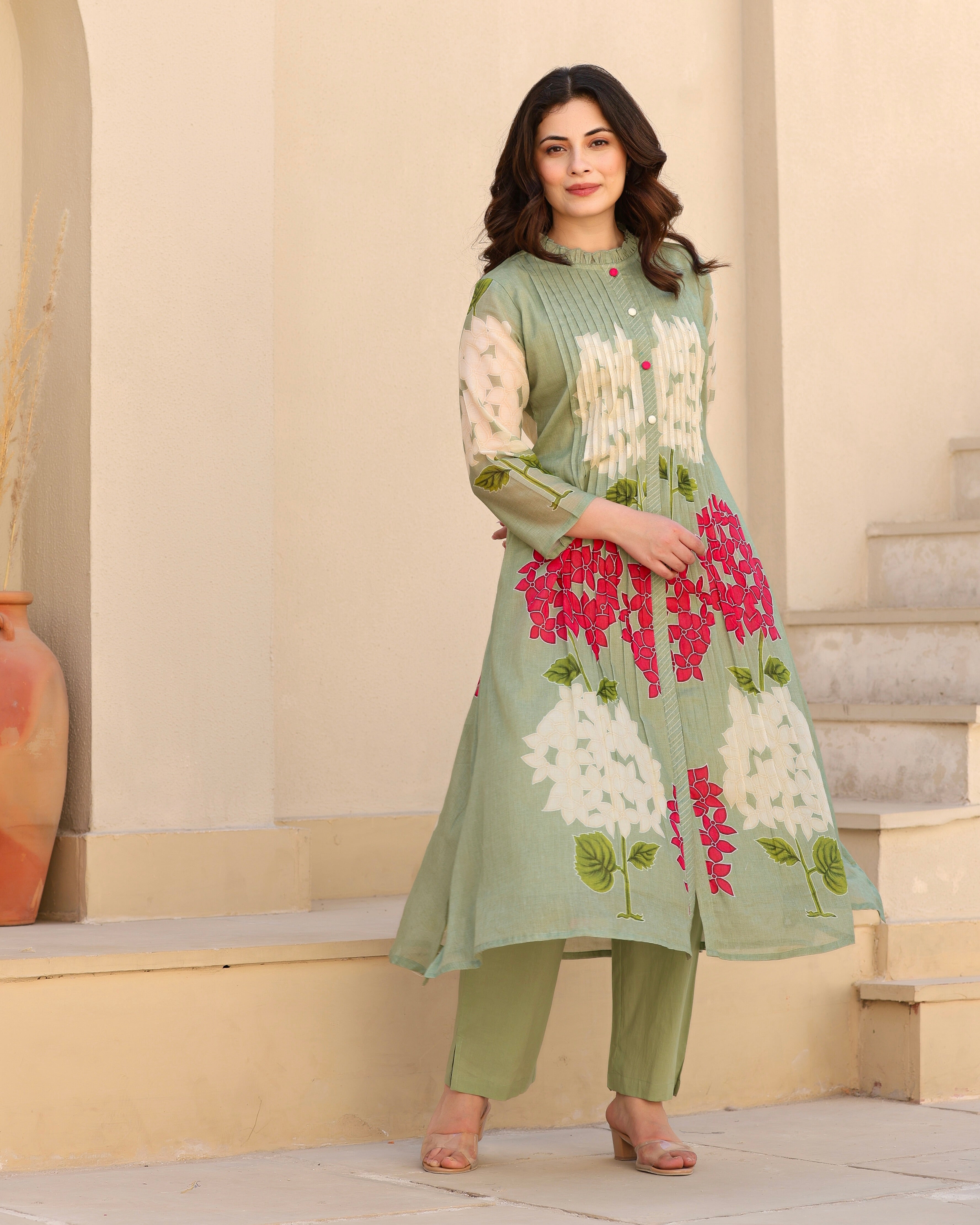 Olive Green Bloom Pintex Mul Cotton A Line Kurta Set