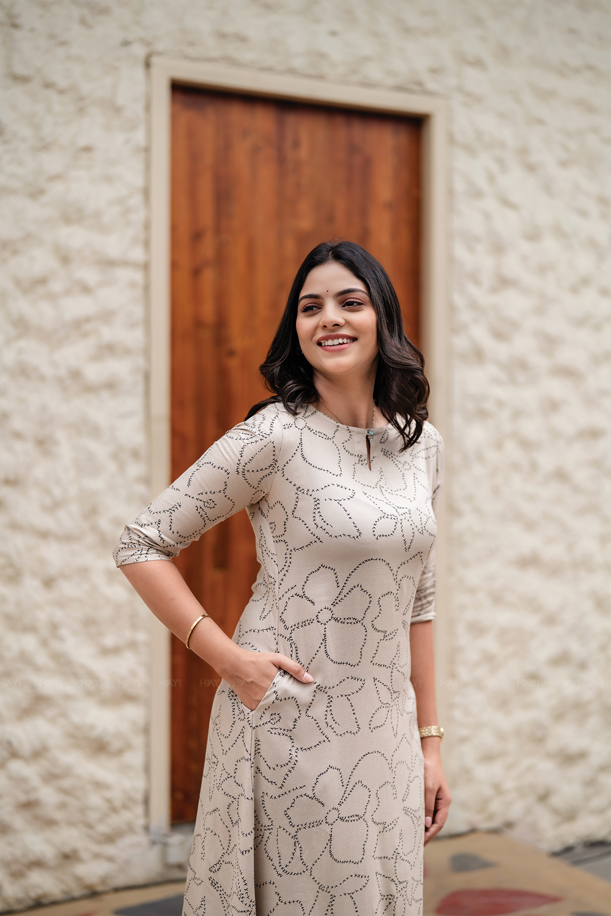 Beige Breeze Viscose Co-ord with Boat Neck with Keyhole & 3/4th Sleeves