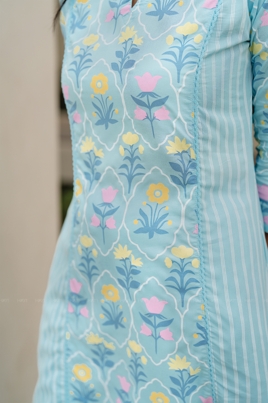 Bloomscape Blue Viscose Co-ord with Boat Neck & 3/4th Sleeves