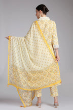 Cream Cotton Printed A Line Kurta Pant and Dupatta Suit Set