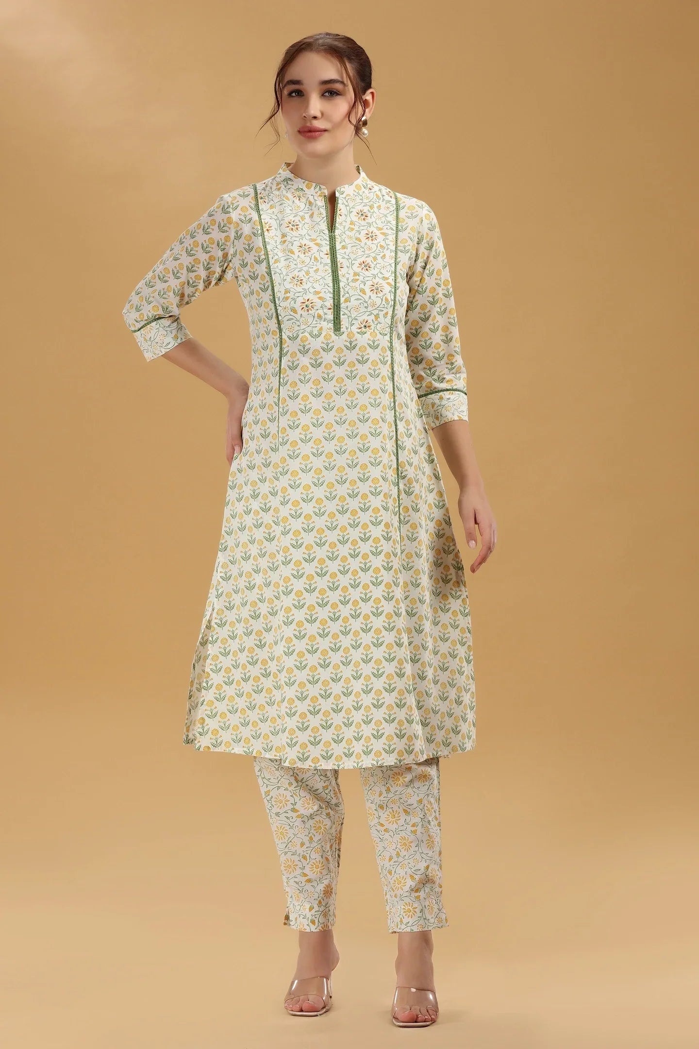 Cream & Green Jaipuri Cotton Printed A Line Kurta Pant Co ord Set