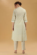 Cream & Green Jaipuri Cotton Printed A Line Kurta Pant Co ord Set