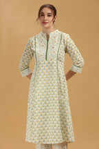 Cream & Green Jaipuri Cotton Printed A Line Kurta Pant Co ord Set