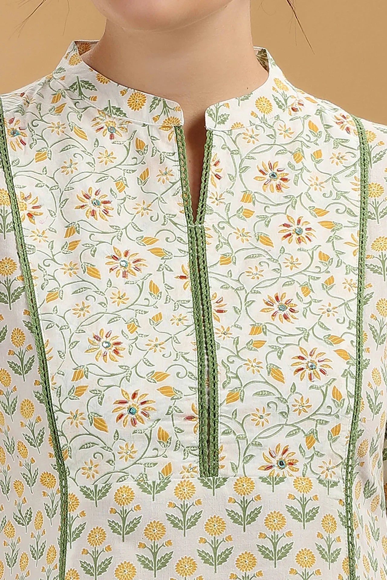 Cream & Green Jaipuri Cotton Printed A Line Kurta Pant Co ord Set