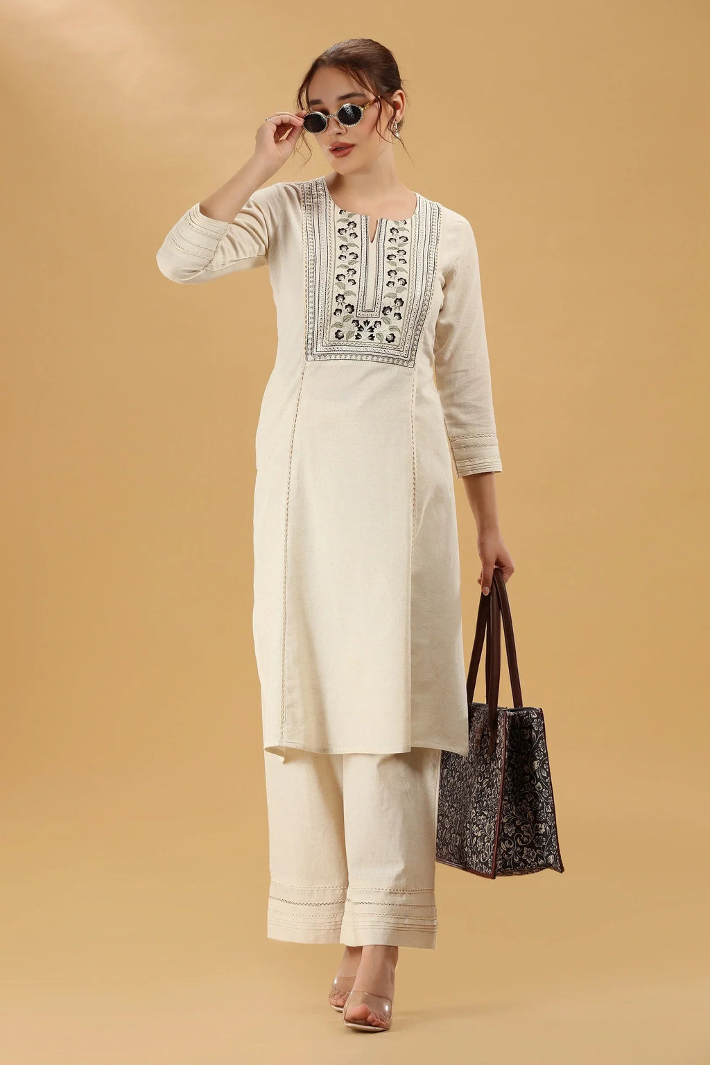 Cream Embroidered Flex Cotton Straight Kurta