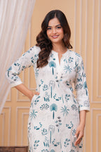 Blue White Printed Cotton Kurta and Pant Set