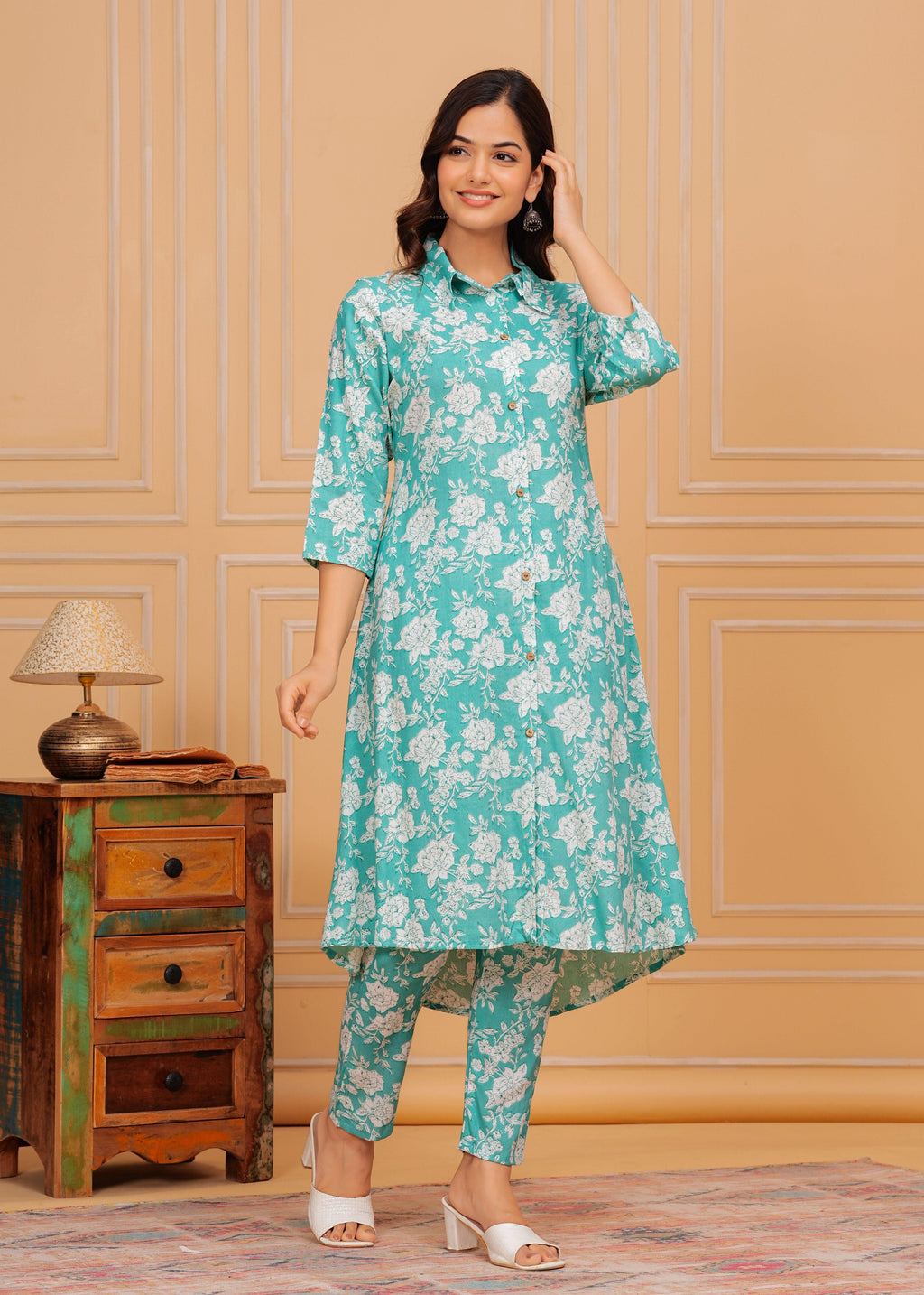 Downy White Floral Printed Rayon Co-Ord Set