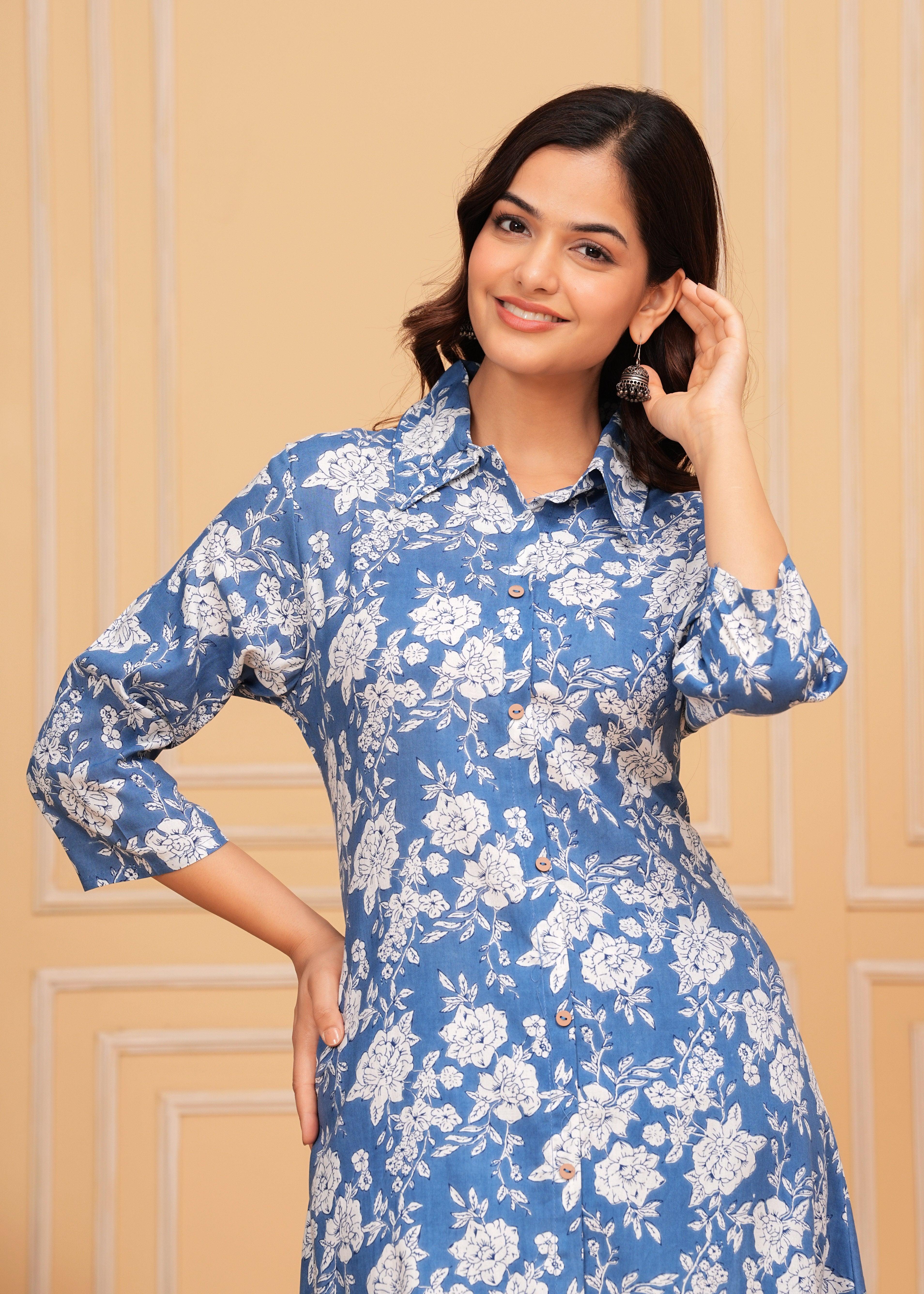 Blue White Floral Printed Rayon CO-Ord Set