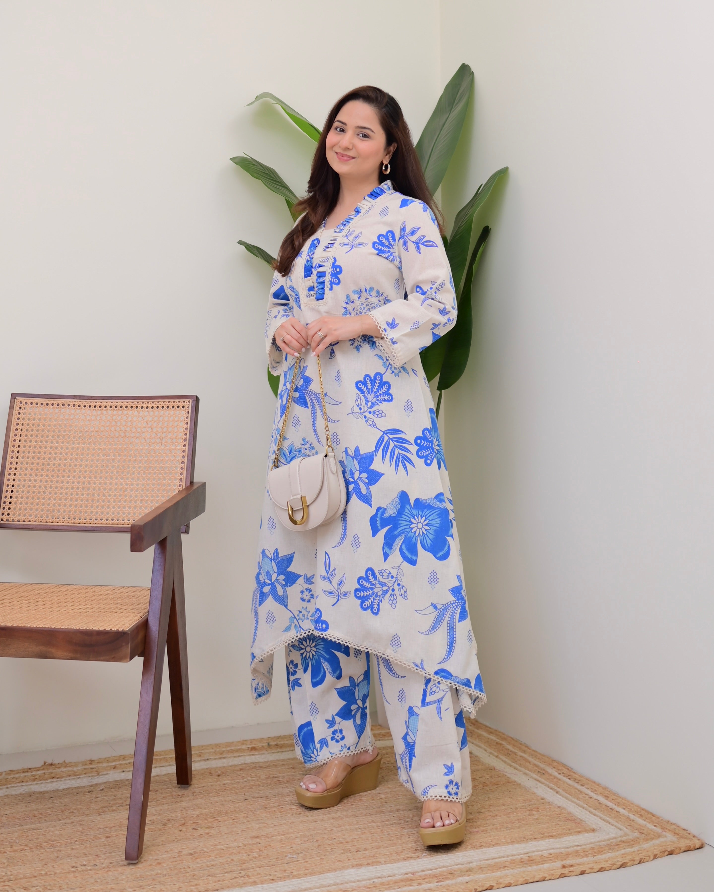 Blue Floral A Line Cotton Kurta Set