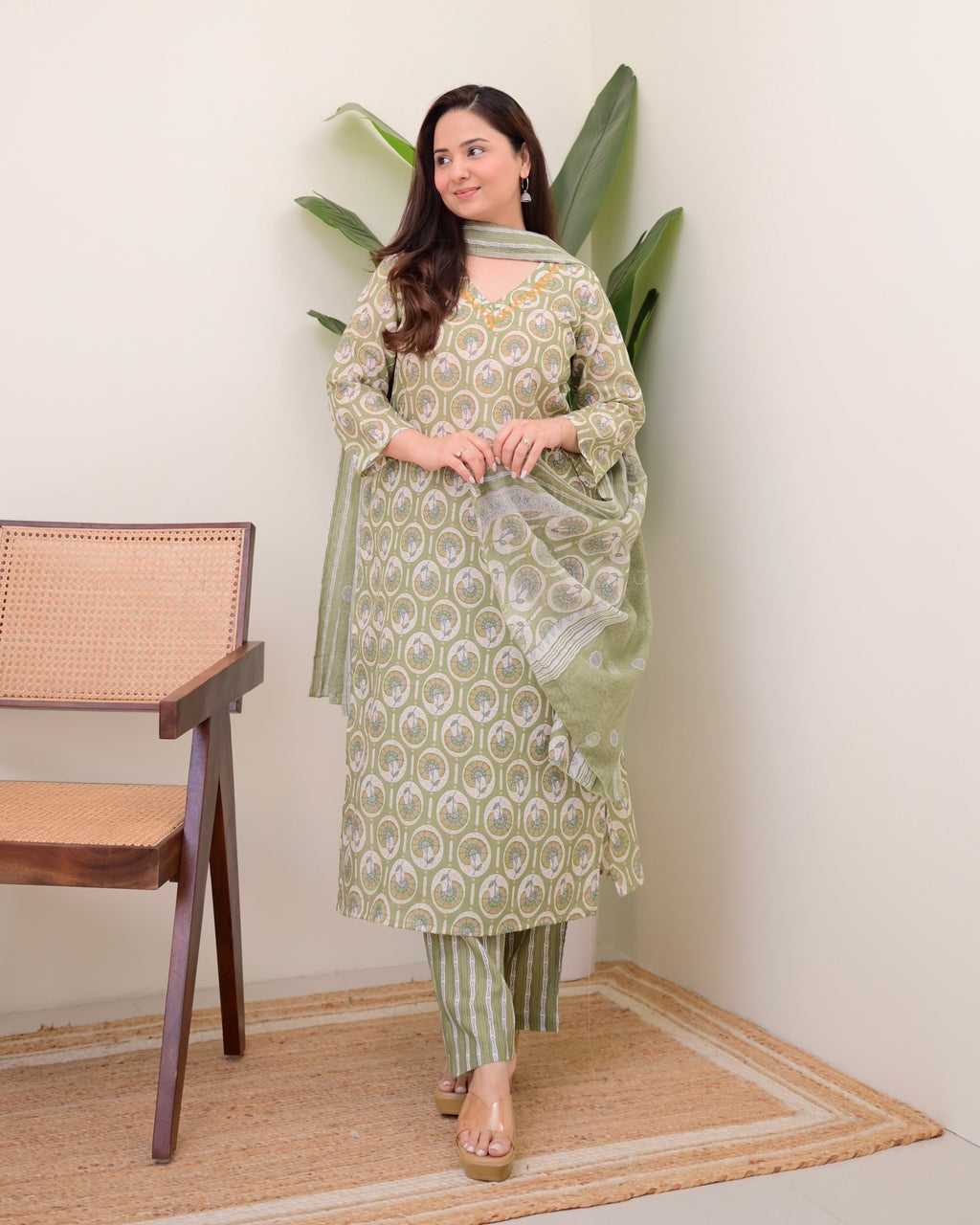 Pista Green Floral Cotton Suit