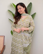 Pista Green Floral Cotton Suit