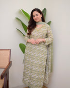 Pista Green Floral Cotton Suit