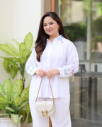 White Threadwork Collar Cotton Co-ord