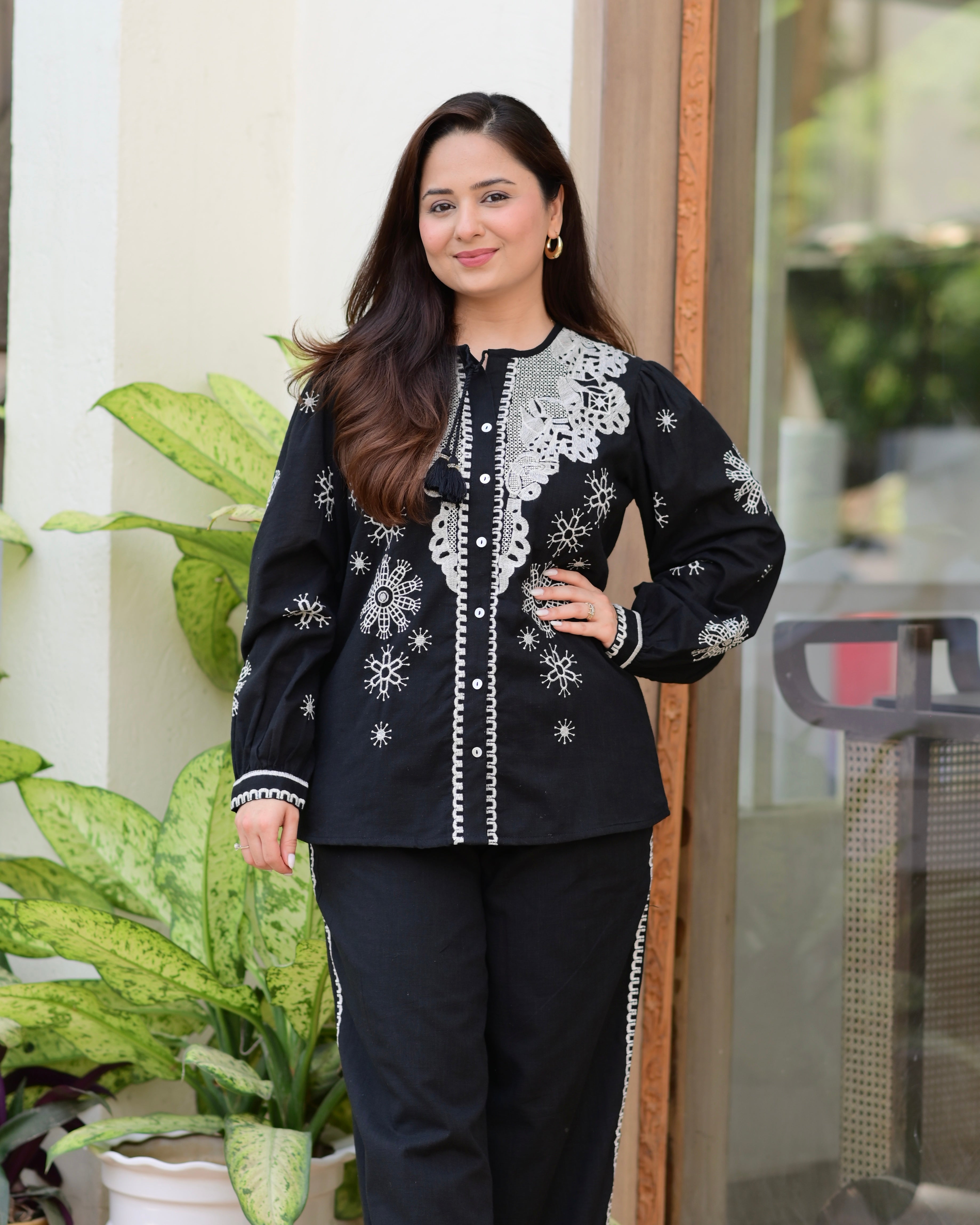 Black Threadwork Cotton Co-ord Set