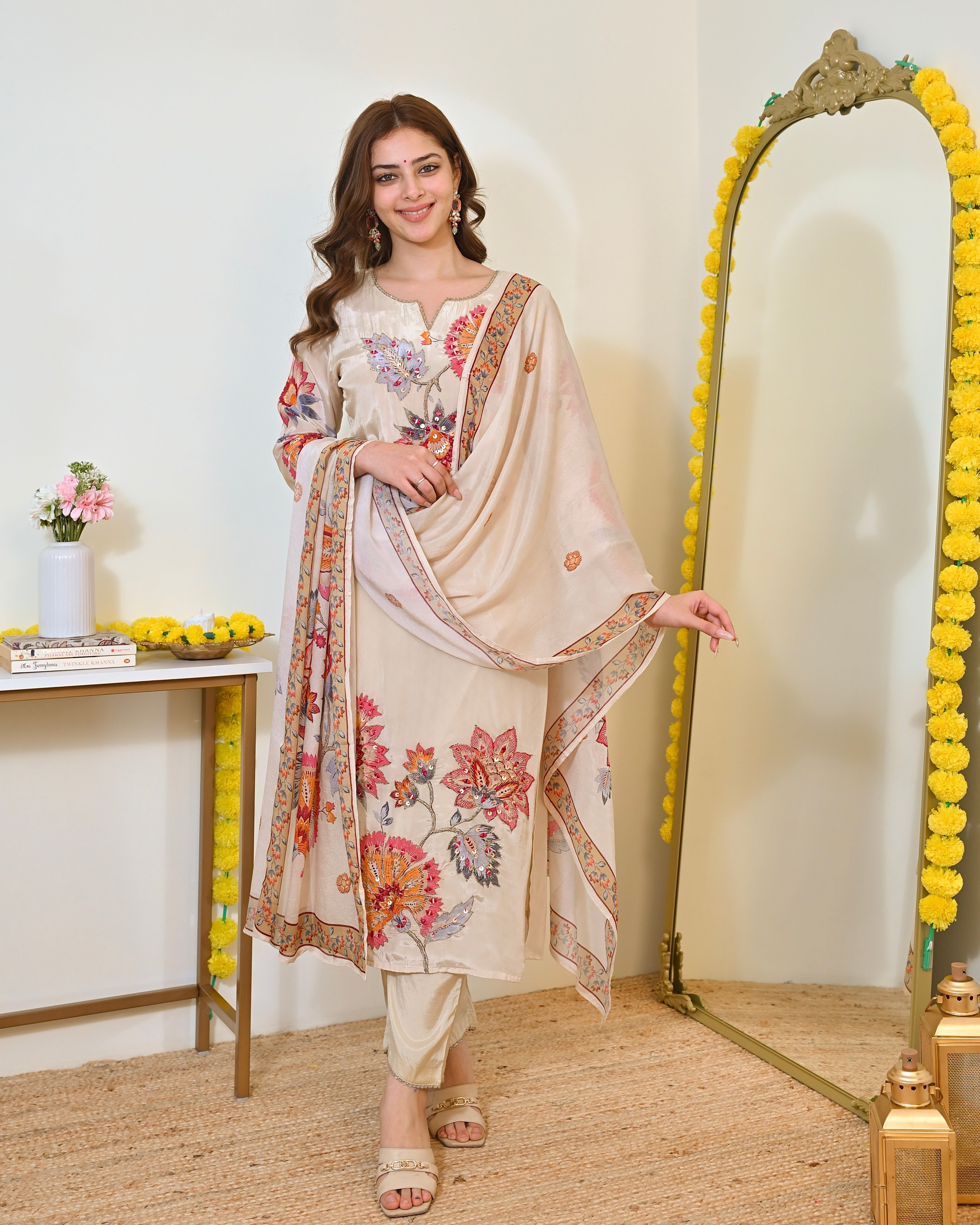 Ivory Gulbahaar Natural Crepe Handwork Festive Suit