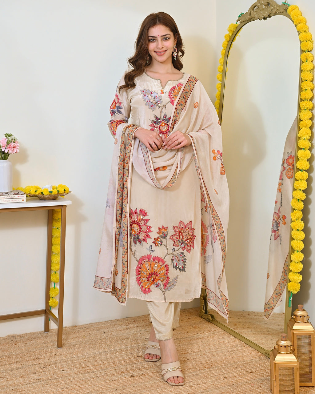 Ivory Gulbahaar Natural Crepe Handwork Festive Suit
