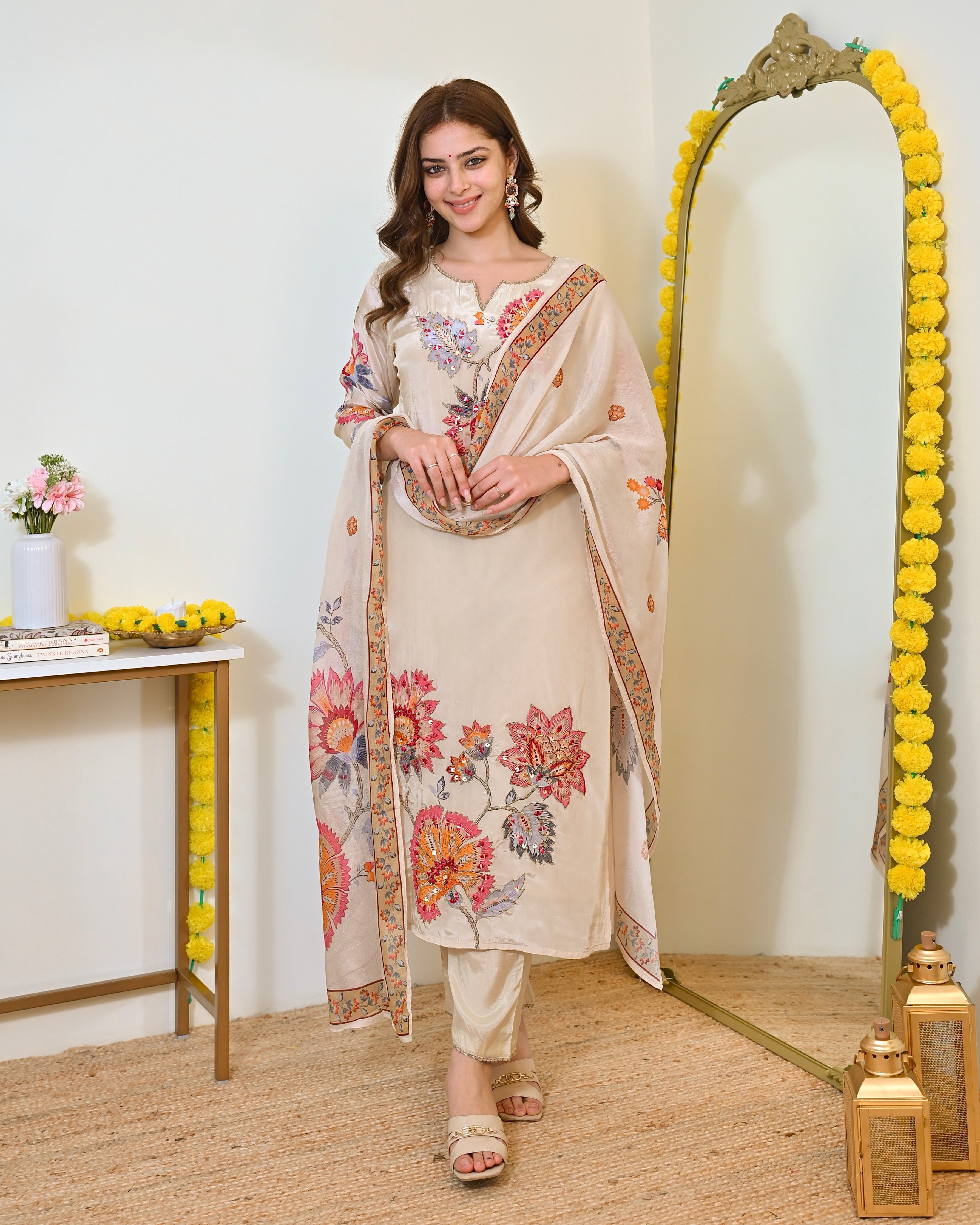 Ivory Gulbahaar Natural Crepe Handwork Festive Suit