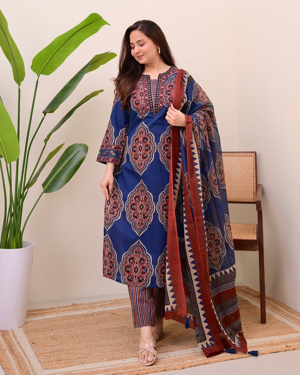 Blue Ajrak Printed Cotton Suit