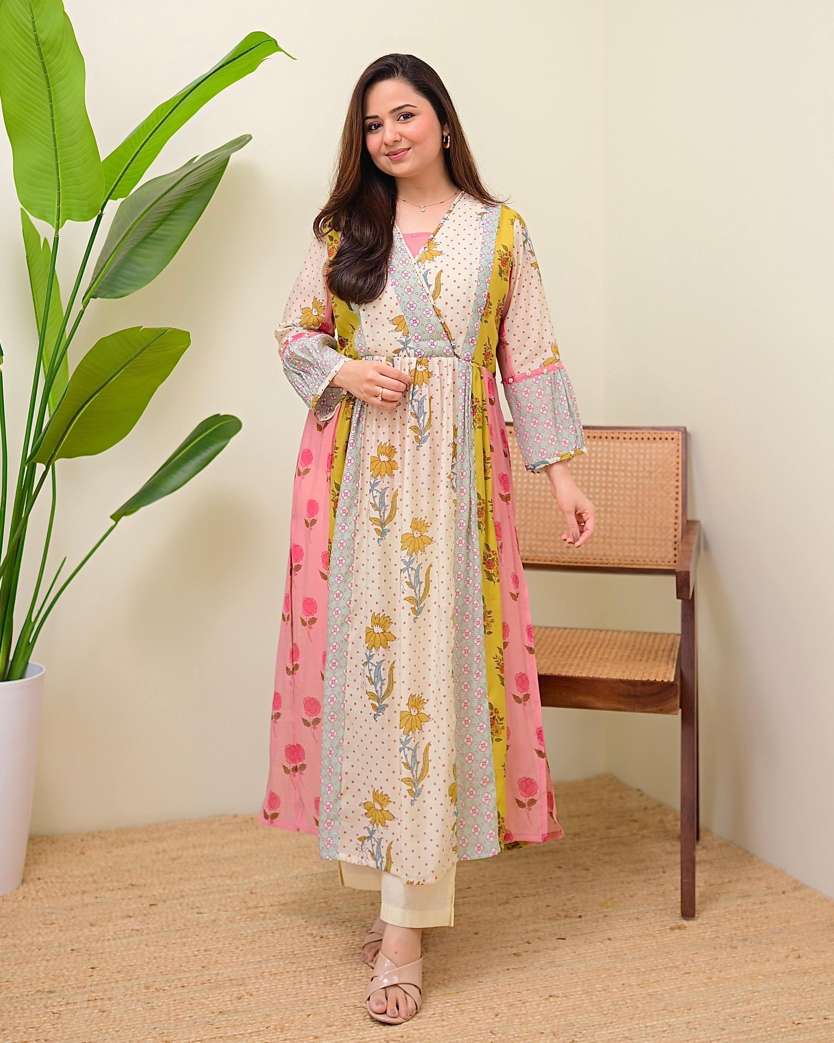 Soft Garden Pastel Hues Mul Chanderi A Line Kurta Set