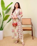 Ivory Blue Summer Rose Drift Pintex A Line Kurta Set