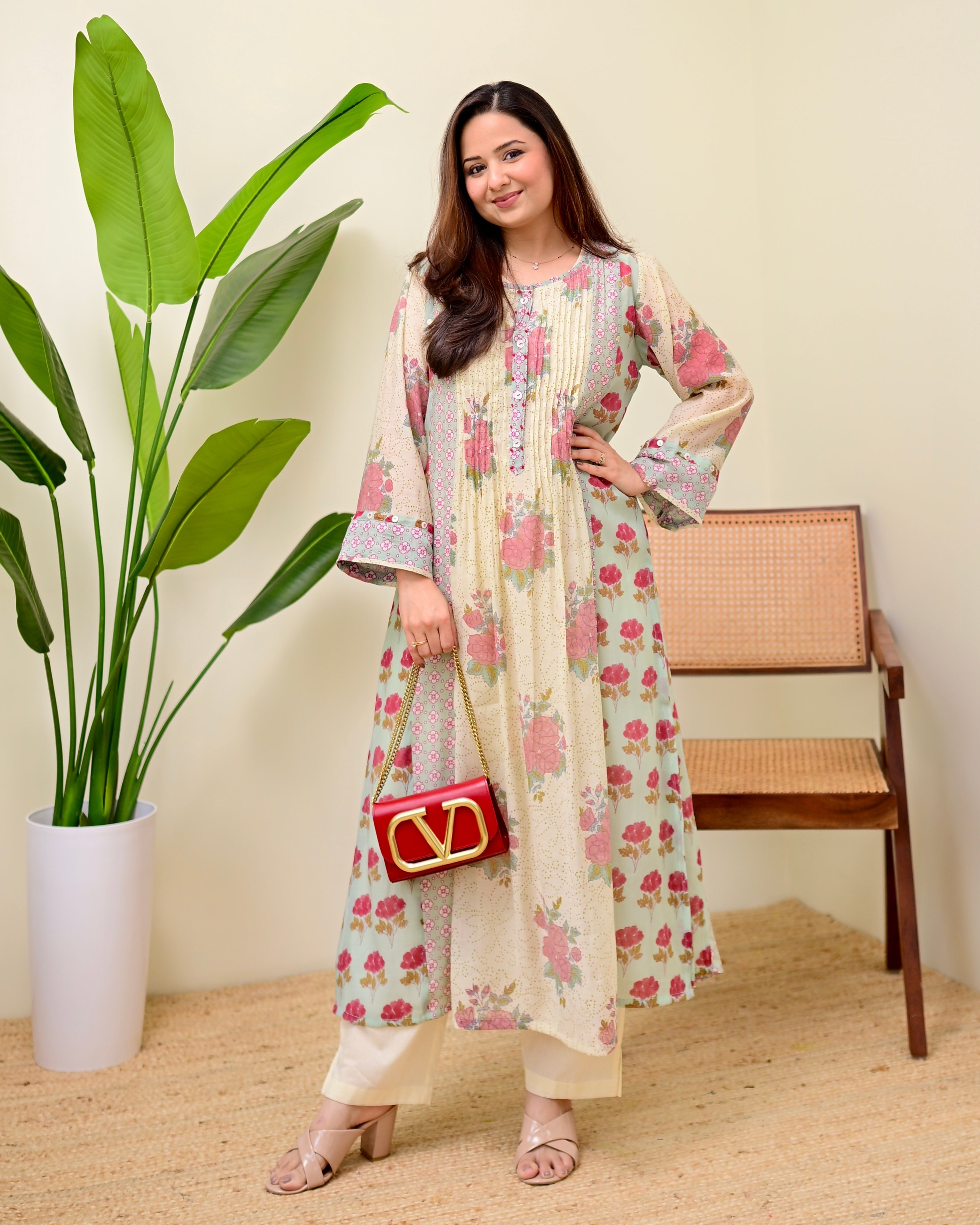 Ivory Blue Summer Rose Drift Pintex A Line Kurta Set