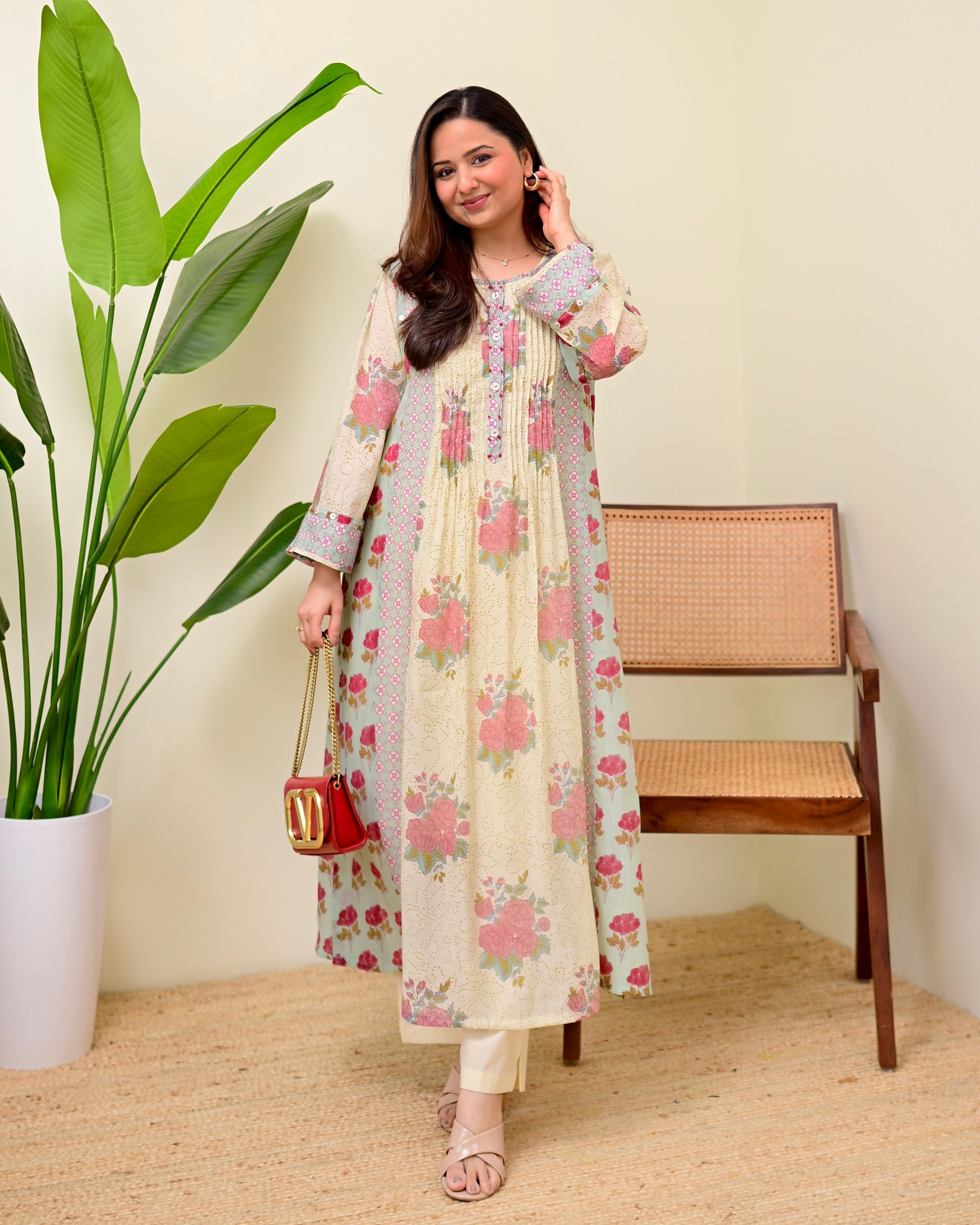 Ivory Blue Summer Rose Drift Pintex A Line Kurta Set