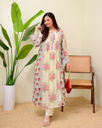 Ivory Blue Summer Rose Drift Pintex A Line Kurta Set