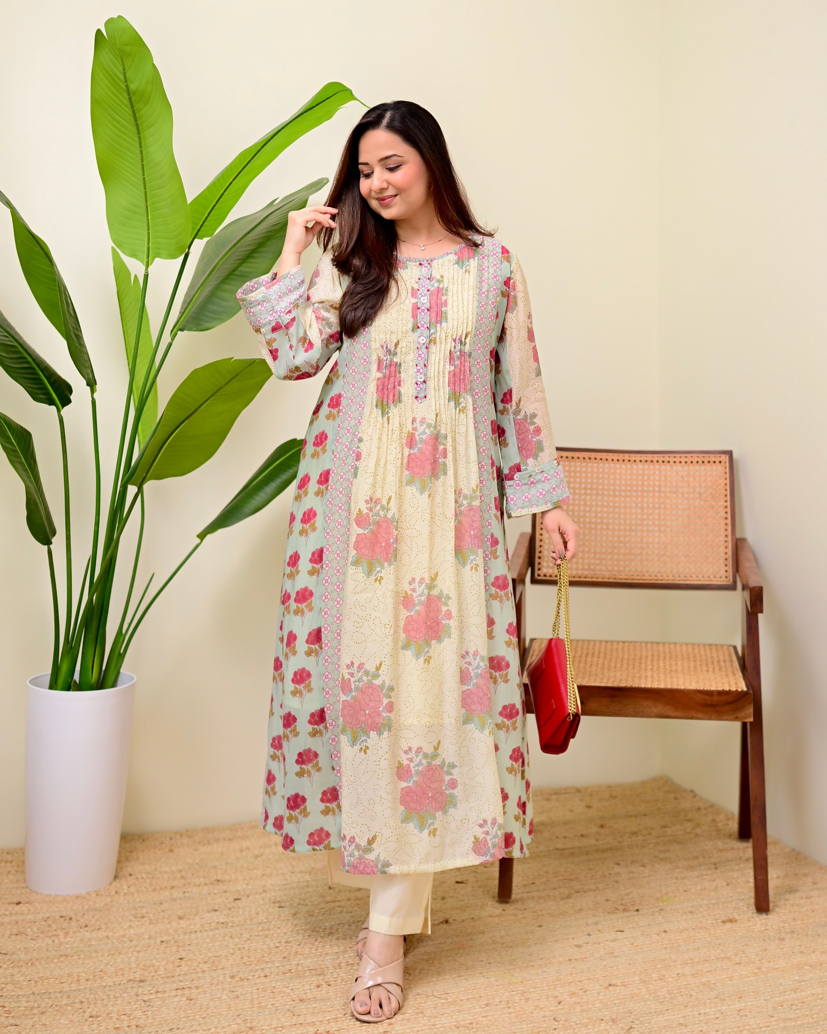 Ivory Blue Summer Rose Drift Pintex A Line Kurta Set