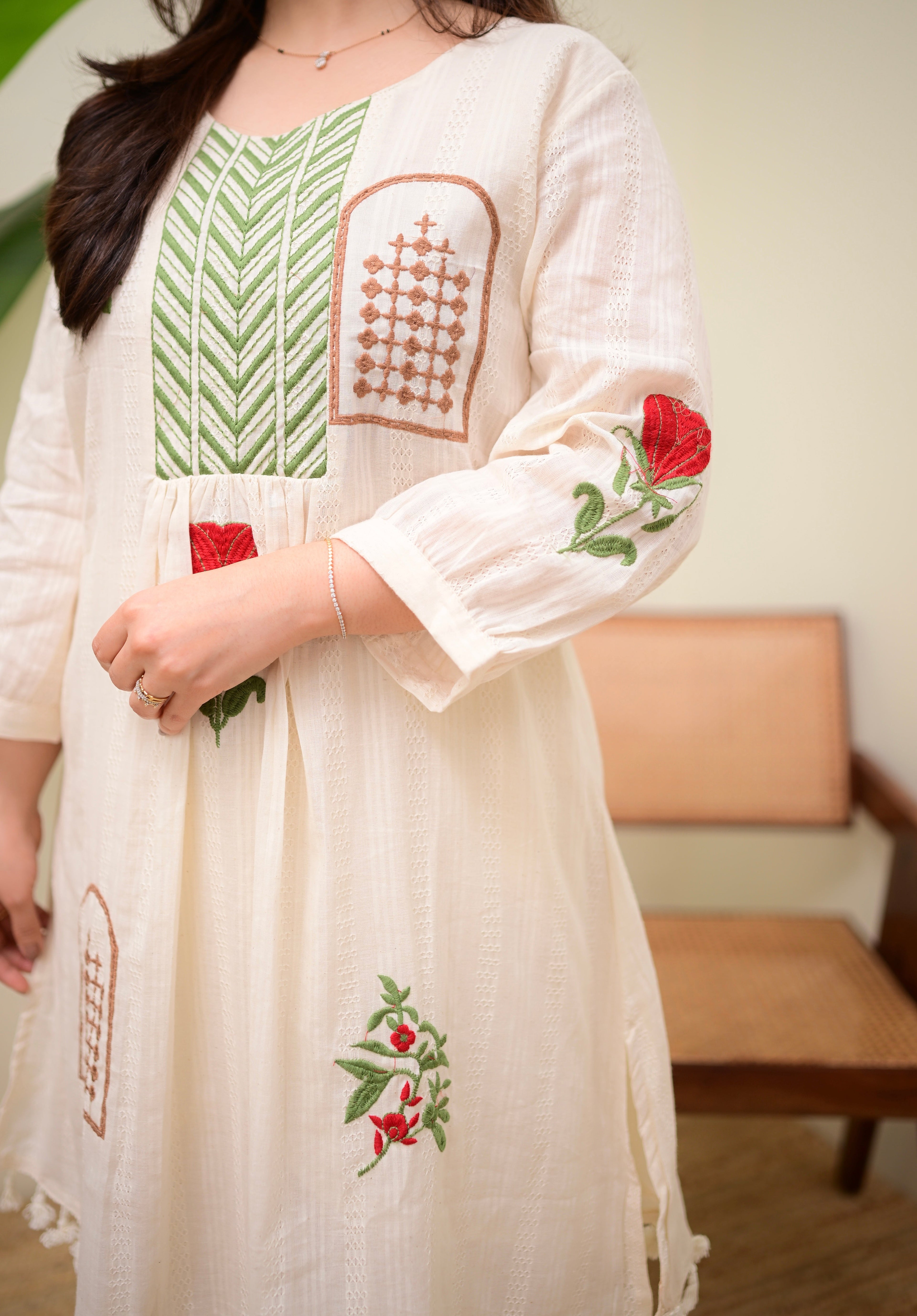 Ivory Rosewood Garden Threadwork Cotton Co-ord