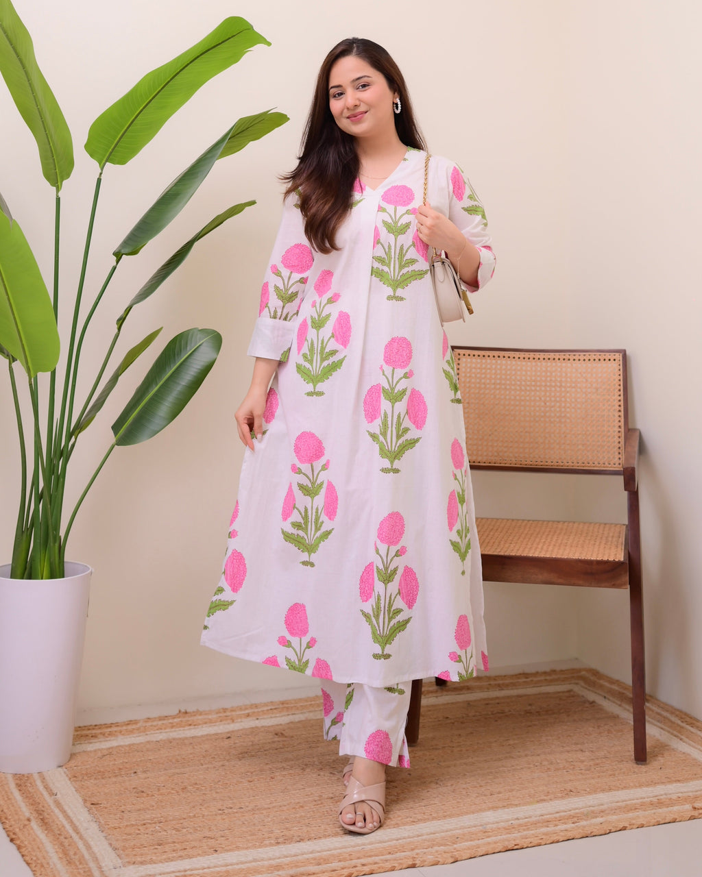 Pink Lush Bloom Cotton A Line Kurta Set