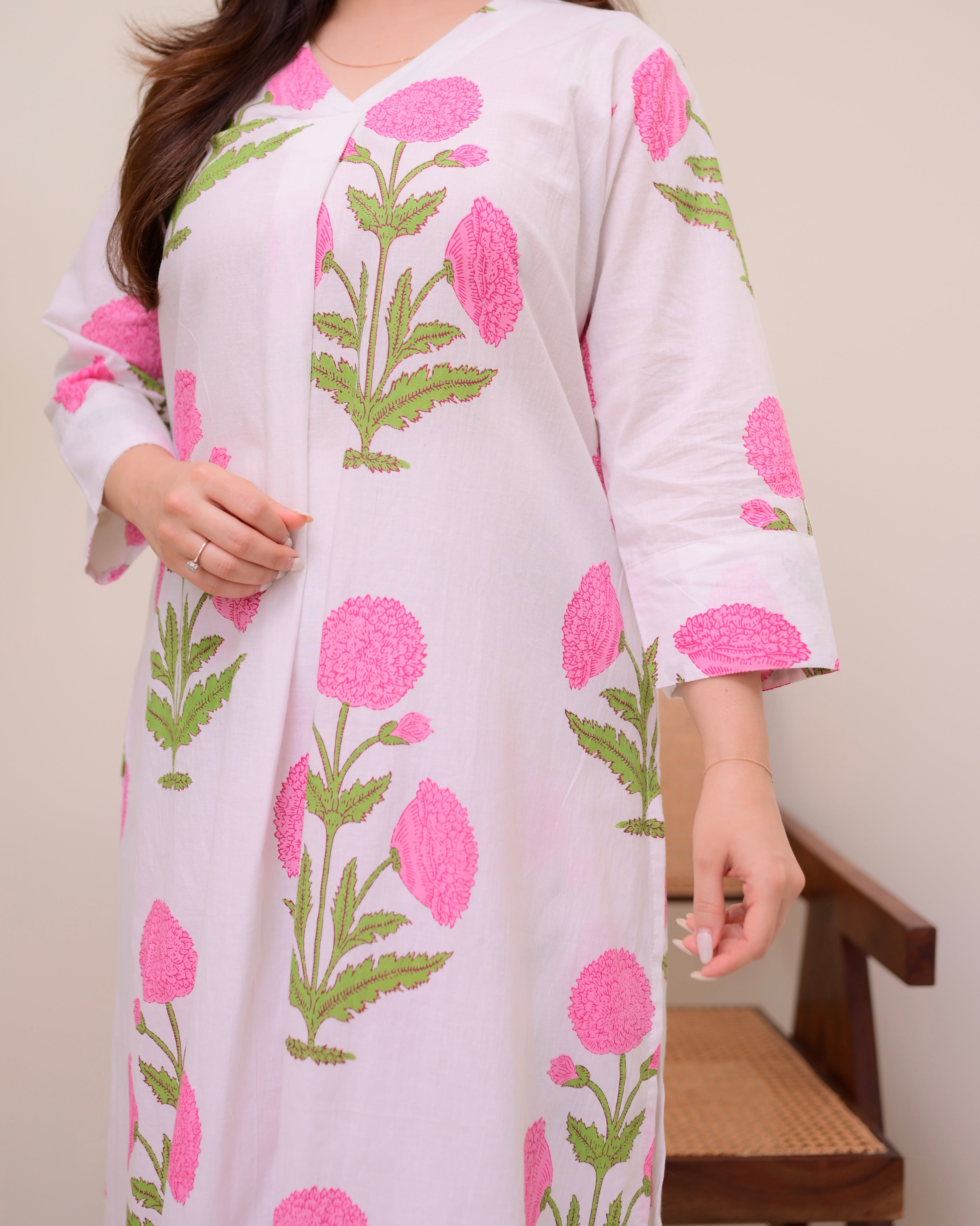 Pink Lush Bloom Cotton A Line Kurta Set