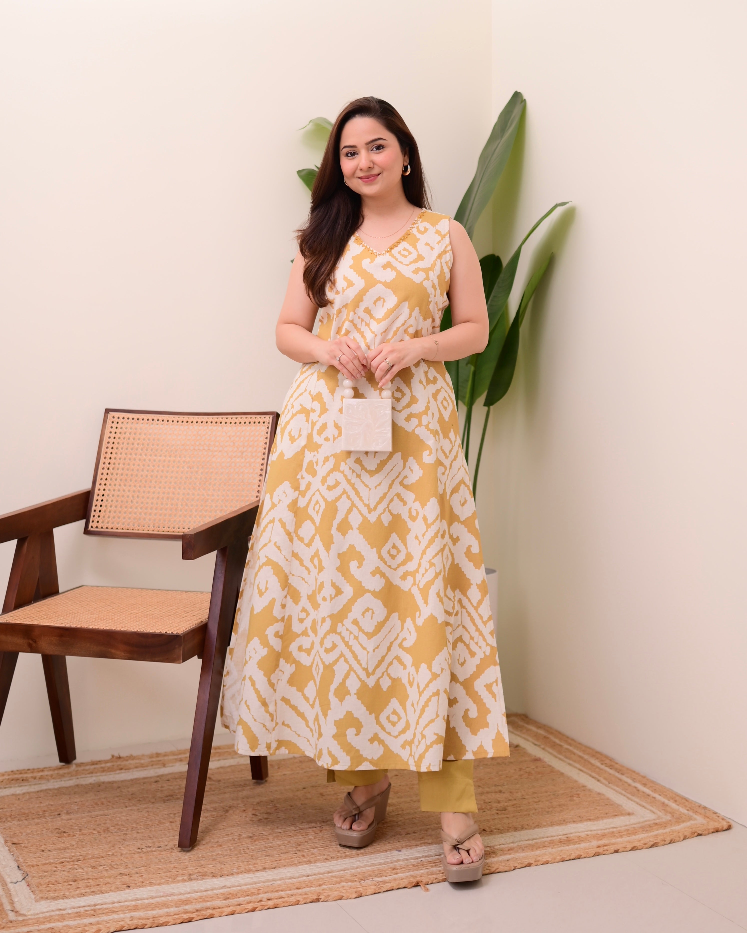 Mustard Ikat Cotton A Line Kurta Set