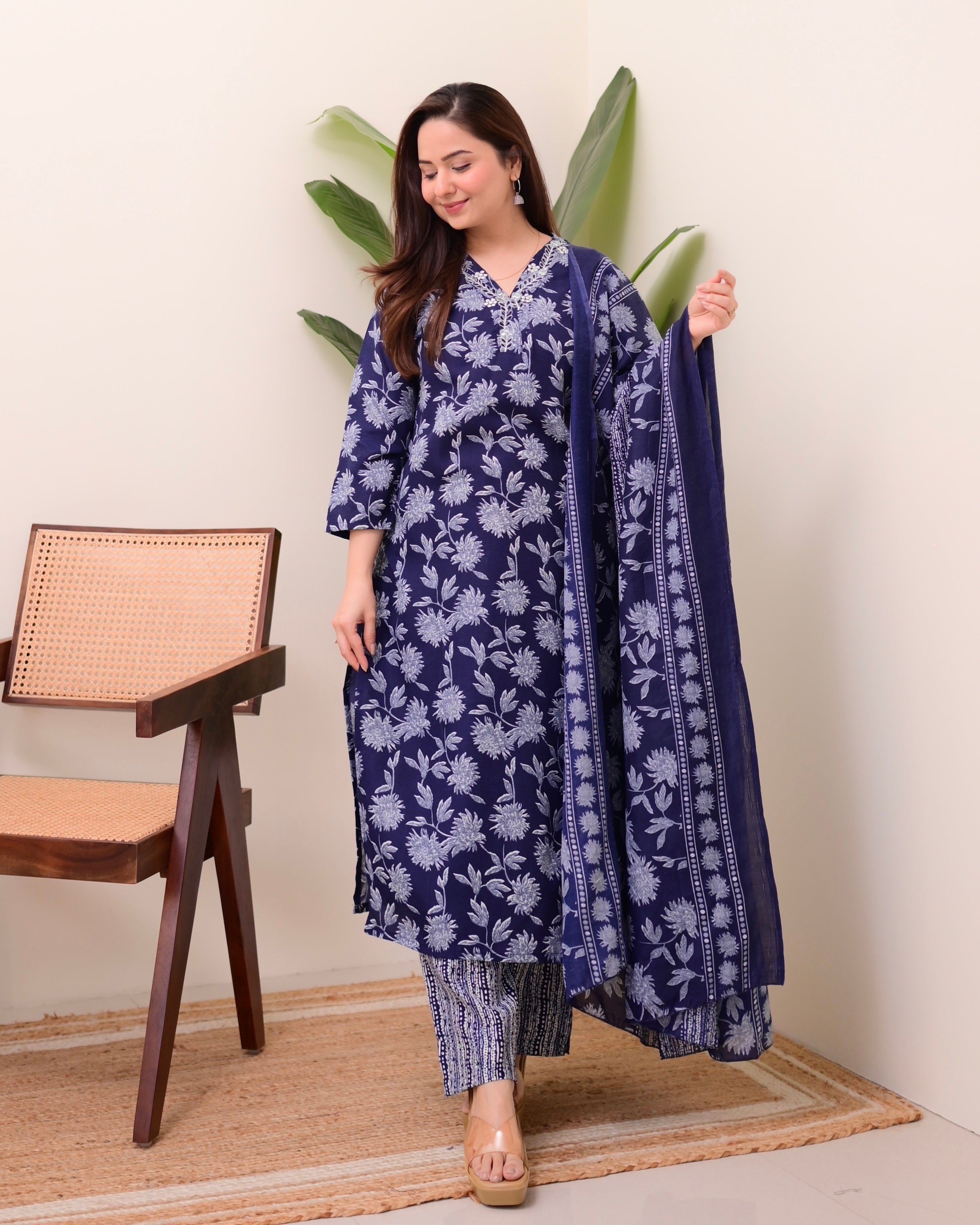 Navy Blue Floral Cotton Suit