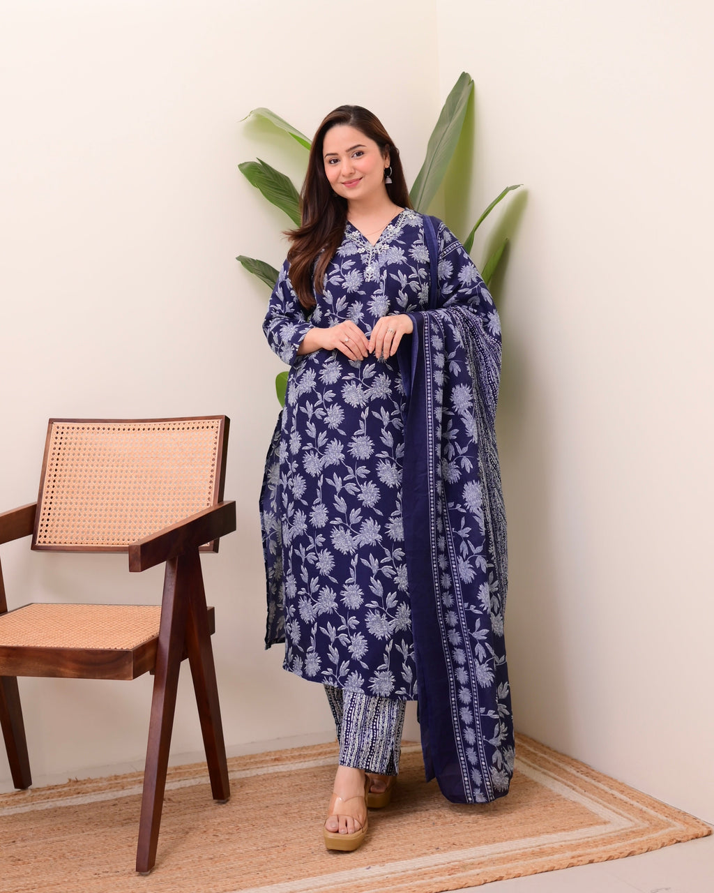 Navy Blue Floral Cotton Suit