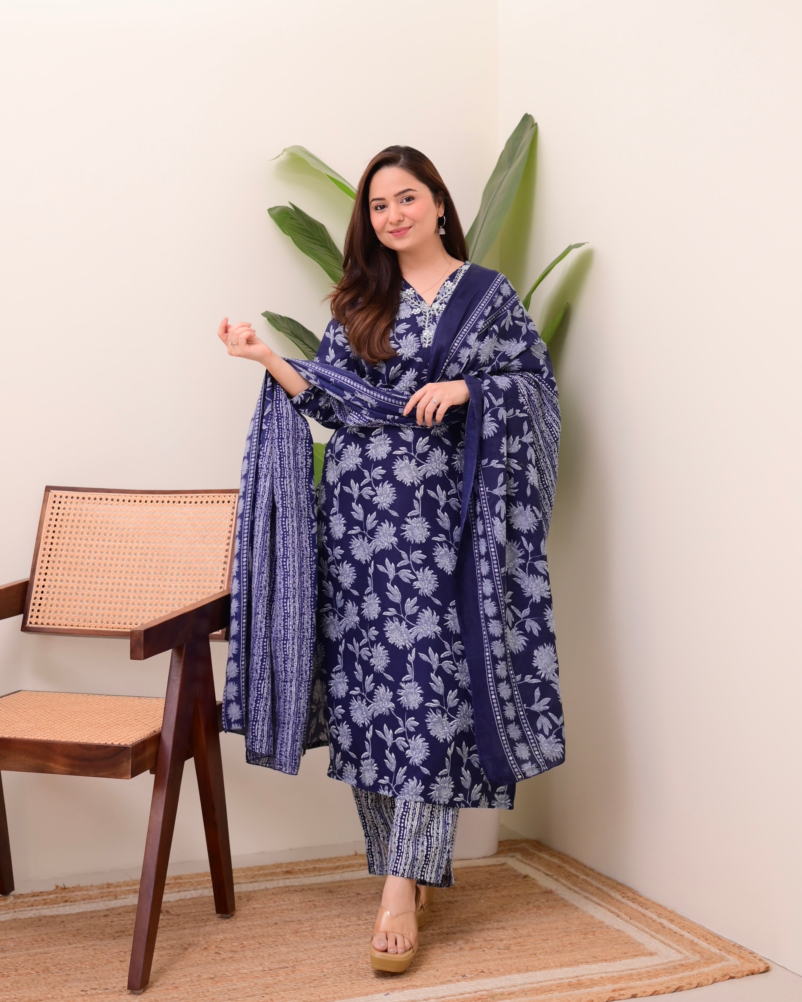 Navy Blue Floral Cotton Suit