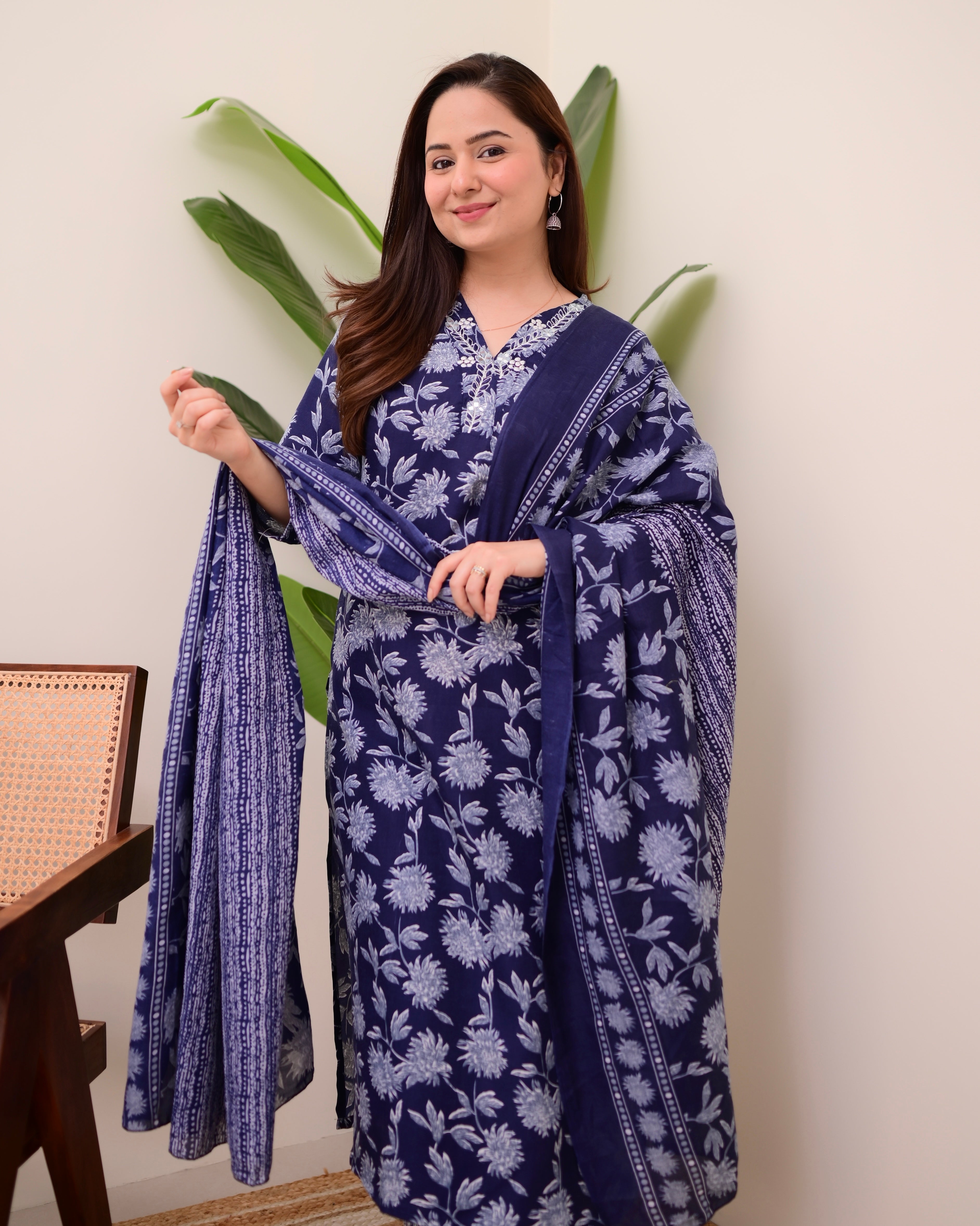 Navy Blue Floral Cotton Suit