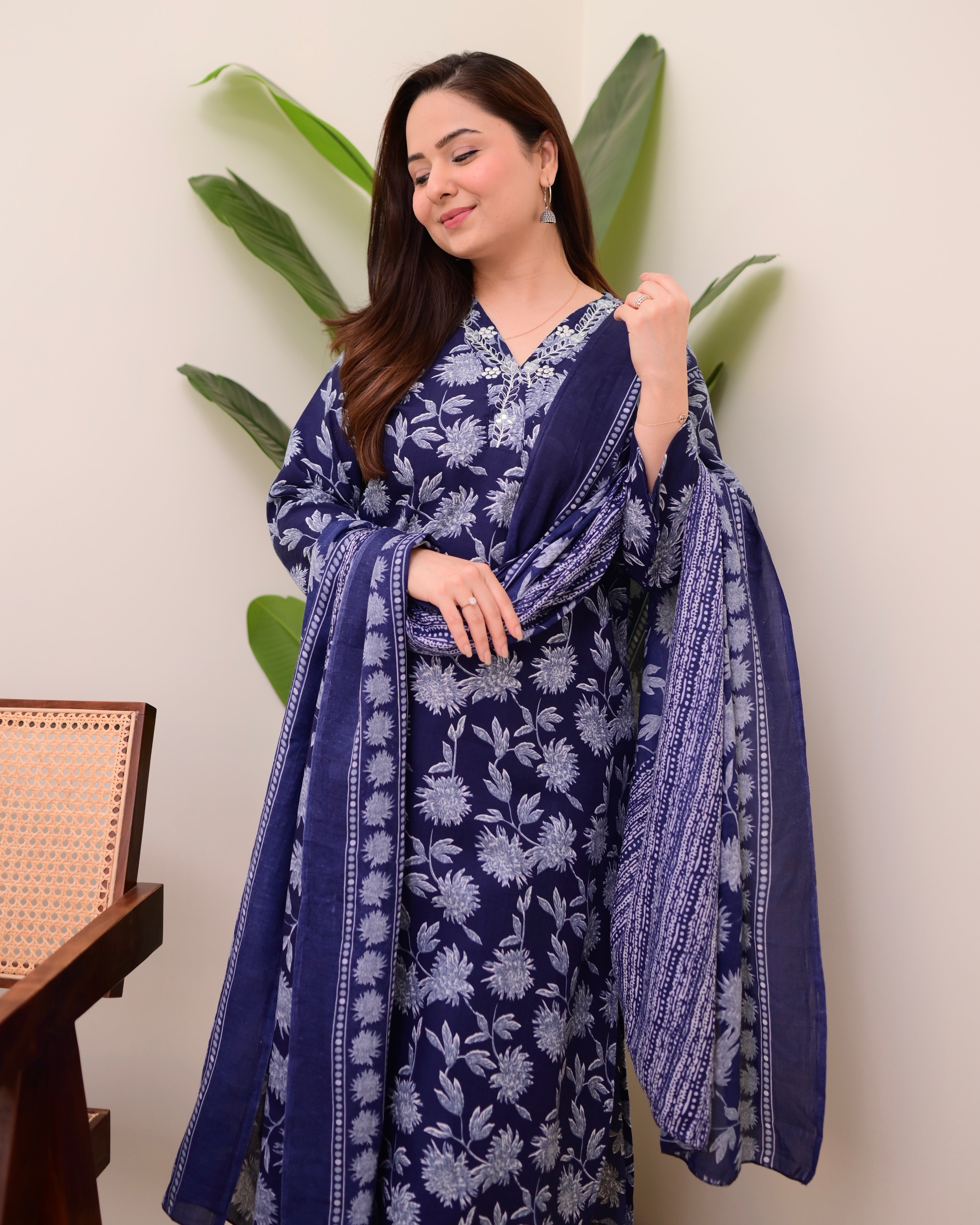 Navy Blue Floral Cotton Suit