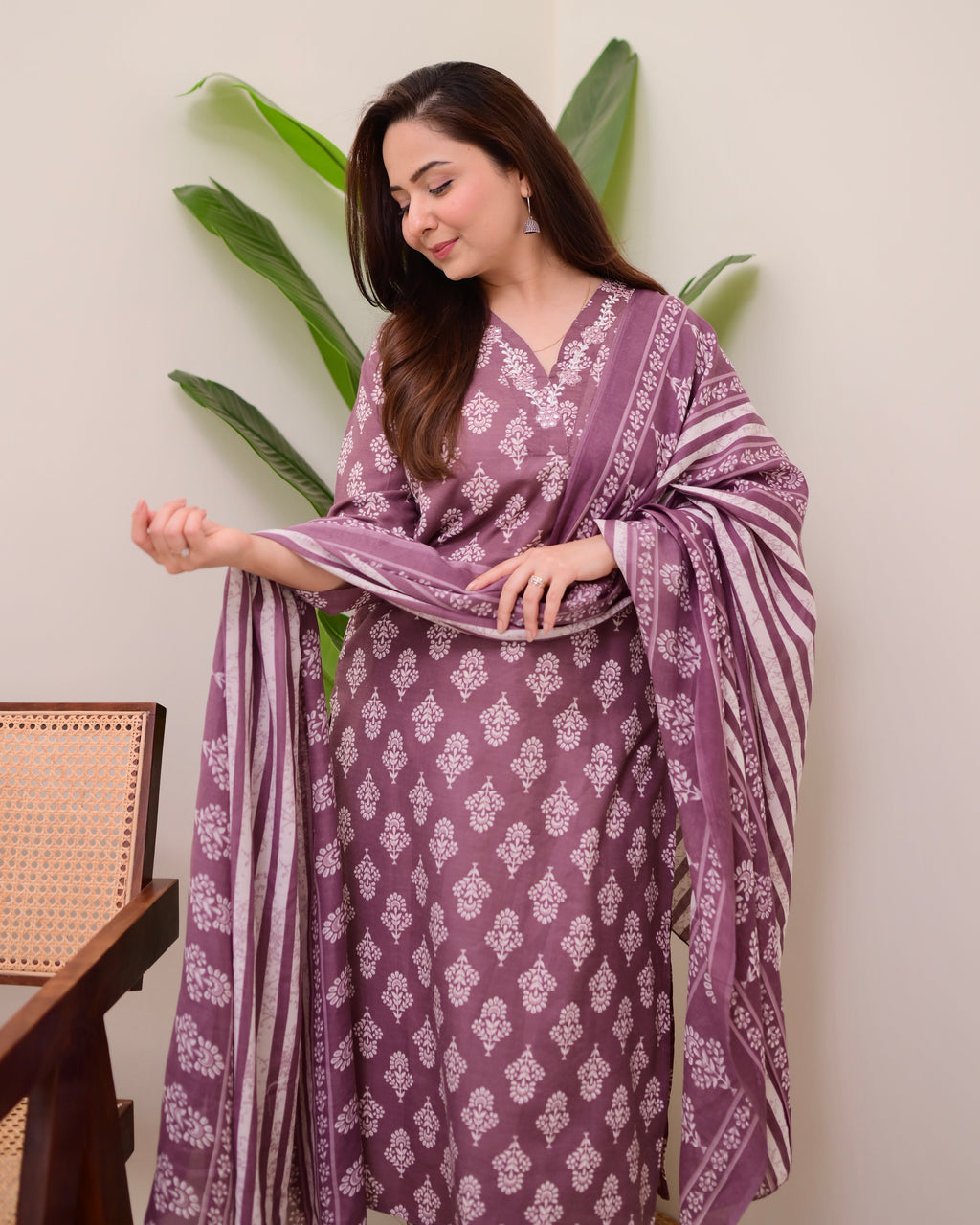 Mauve Floral Cotton Suit