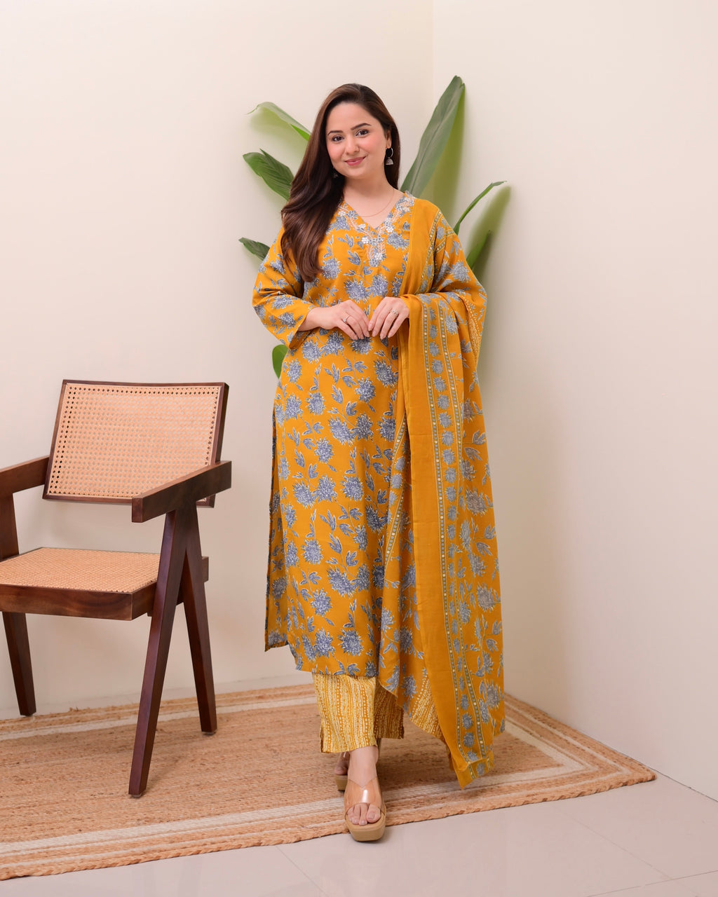 Mustard Yellow Floral Cotton Suit