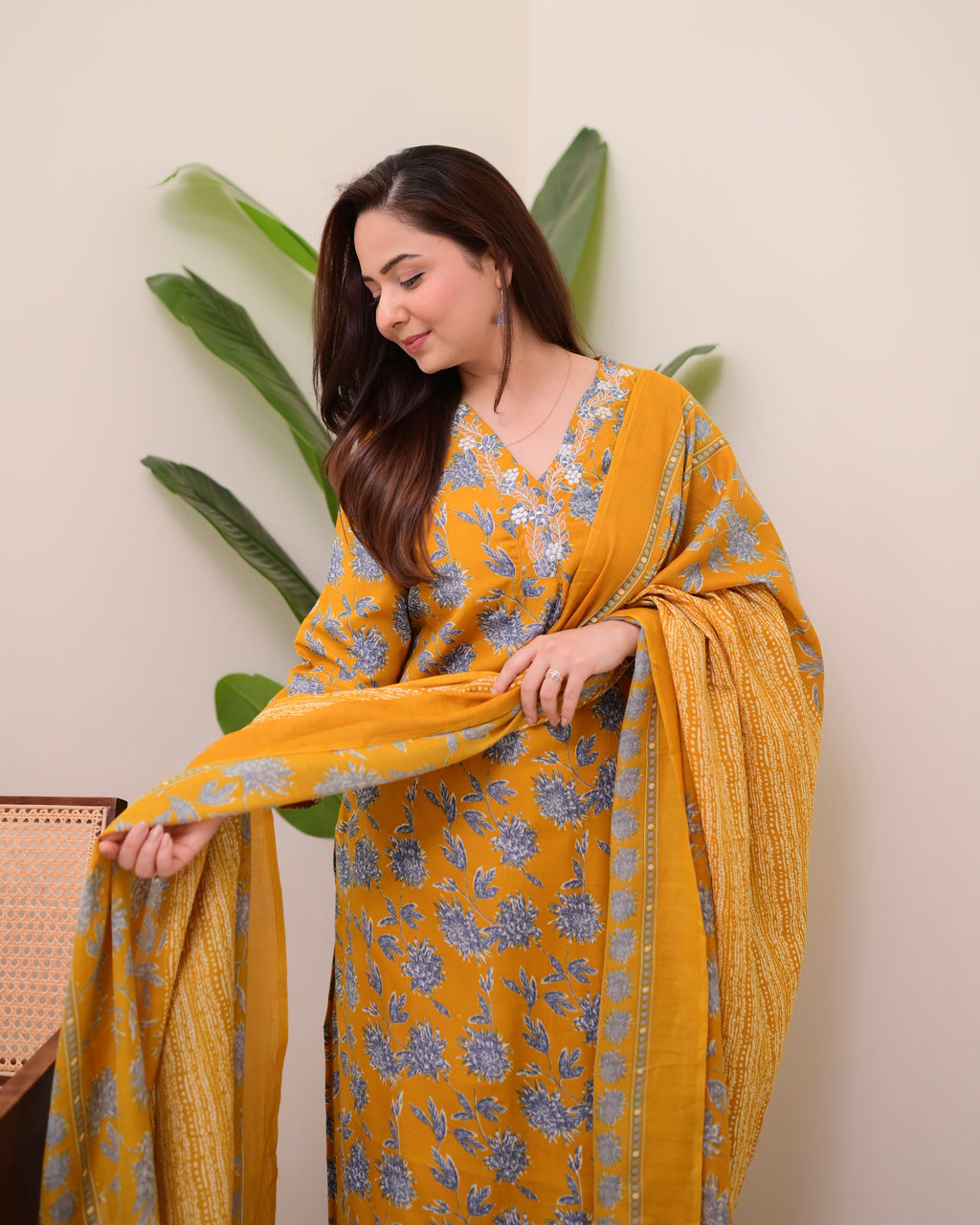 Mustard Yellow Floral Cotton Suit