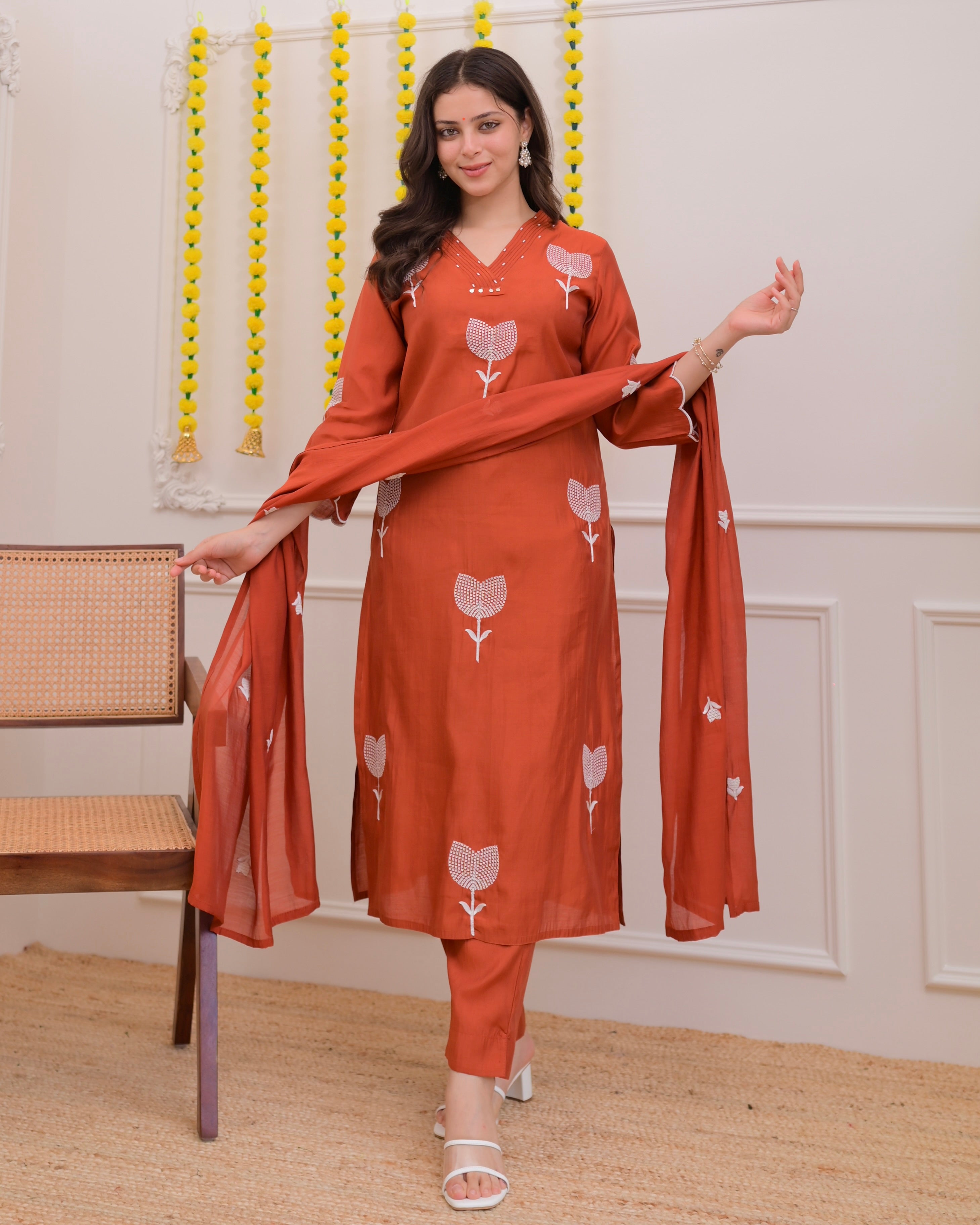 Orange Bloom Threaded Muslin Suit