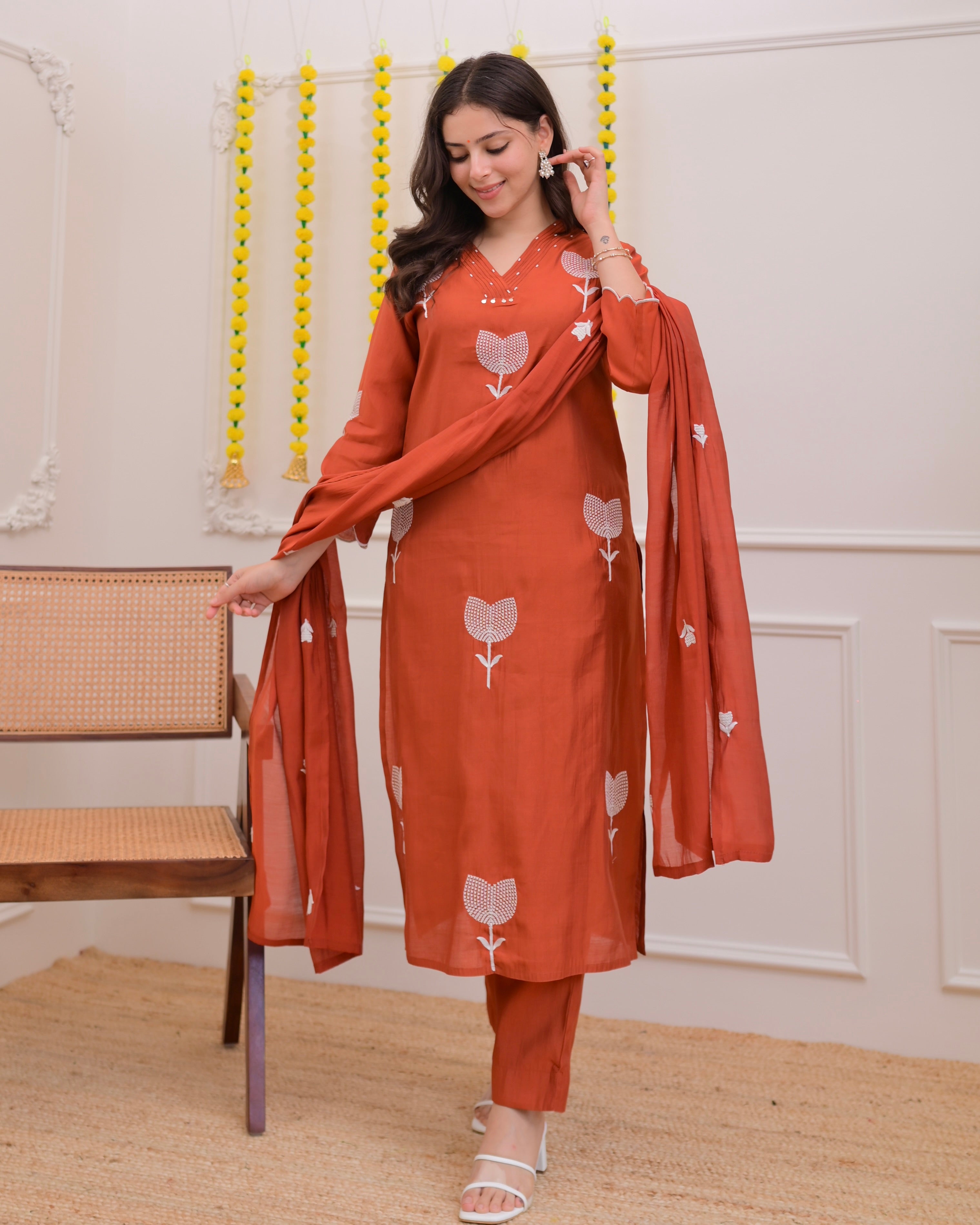 Orange Bloom Threaded Muslin Suit