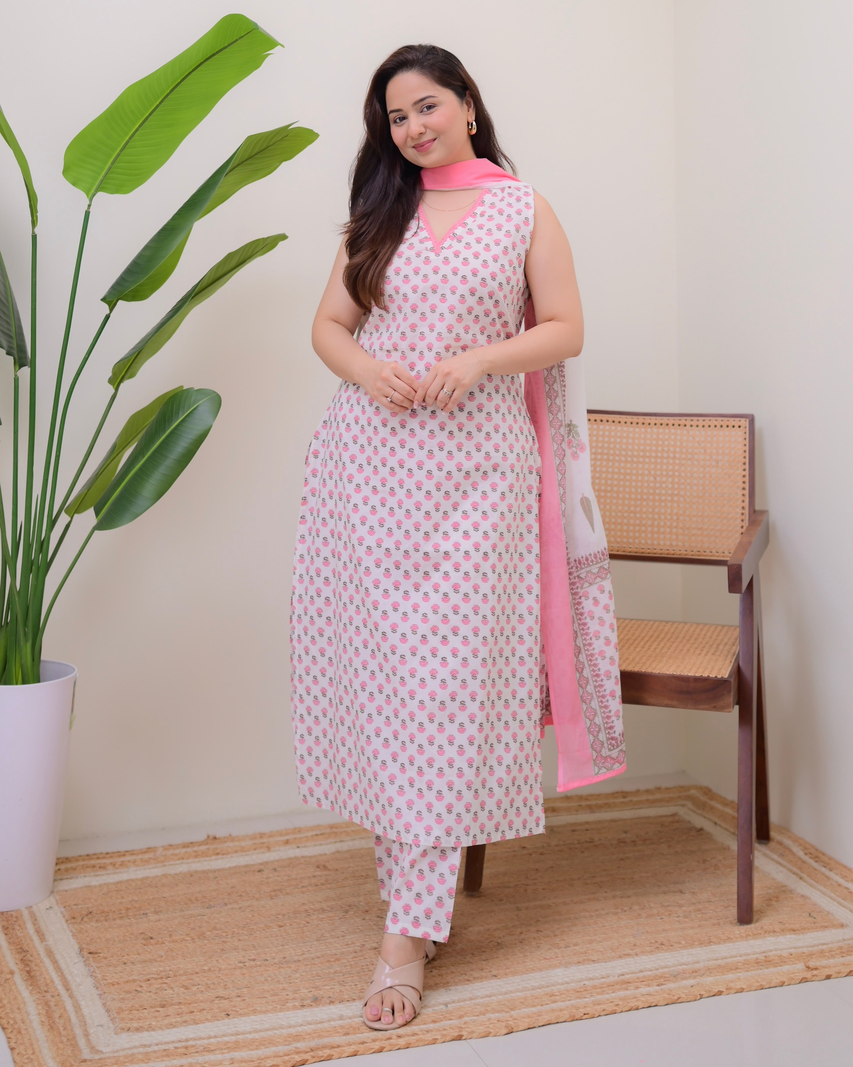 Baby Pink Blooming Mul Cotton Suit