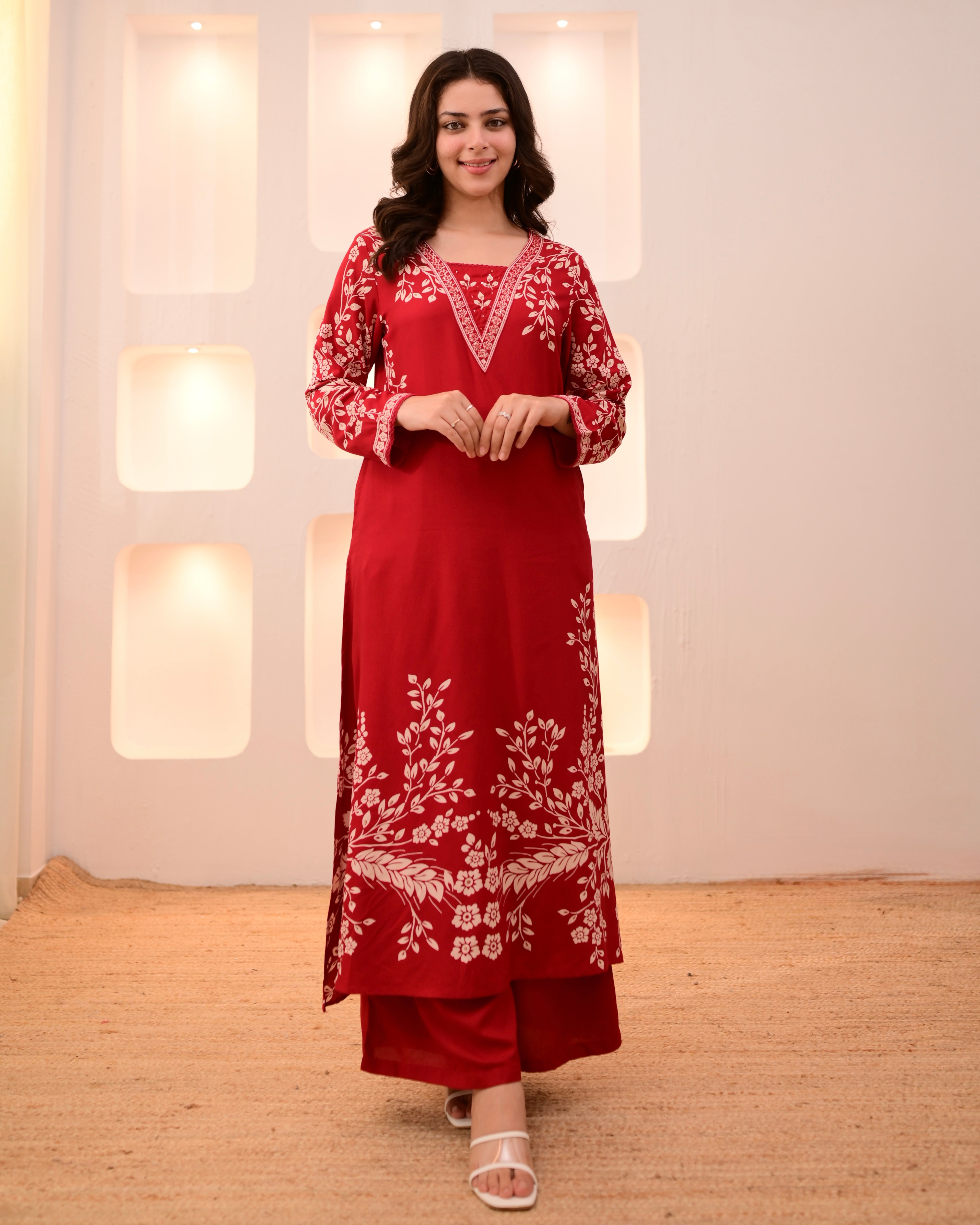 Scarlet Petals Cotton A Line Kurta Palazzo Set